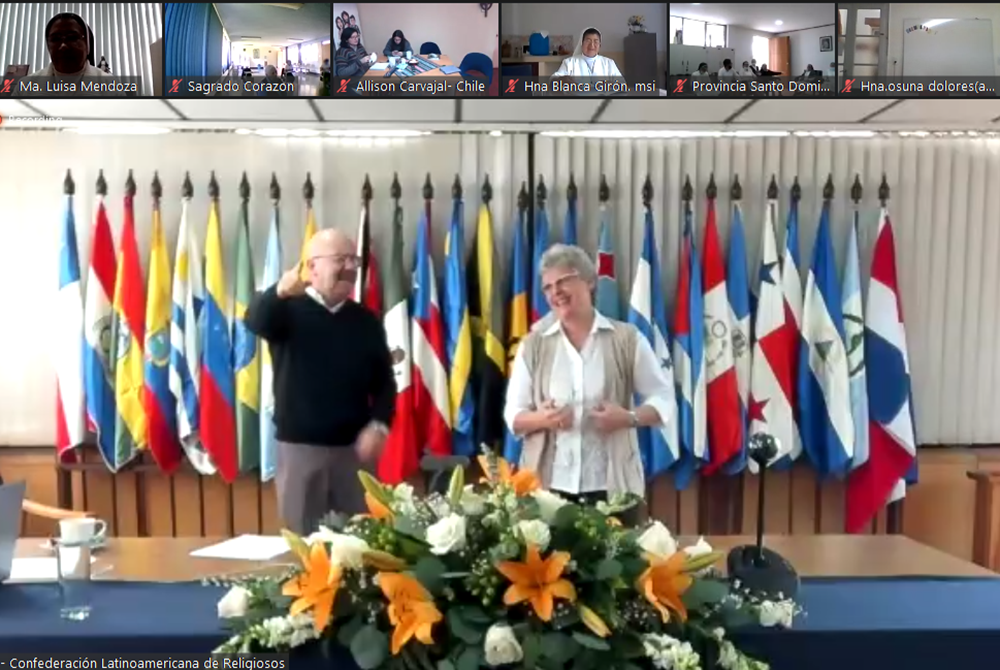 The two moderators of the virtual assembly for the Confederation of Latin American and Caribbean Religious, from left: Passionist Fr. Tarcisio Gaitán, and Sr. Daniela Cannavina, a Capuchin Sister of Mother Rubatto (GSR screenshot)
