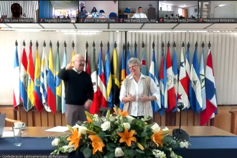 CLAR 2021 moderators The two moderators of the virtual assembly for the Confederation of Latin American and Caribbean Religious, from left: Passionist Fr. Tarcisio Gaitán, and Sr. Daniela Cannavina, a Capuchin Sister of Mother Rubatto (GSR screenshot)
