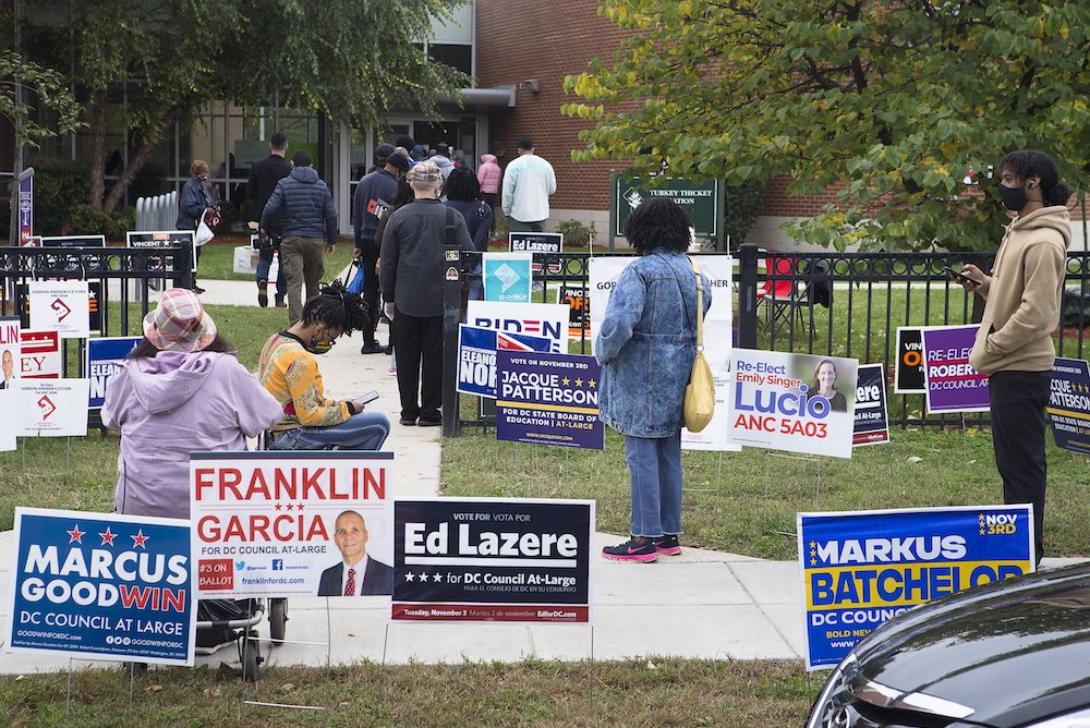 People in the Brookland neighborhood of Washington, D.C., wait in line to vote Oct. 27. (CNS/Tyler Orsburn)