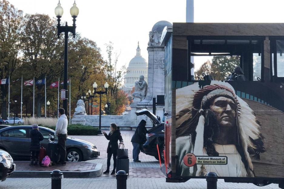 An image of a Native American is seen Nov. 20, 2018, on a bus near the U.S. Capitol in Washington. (CNS/Reuters/Jonathan Ernst)