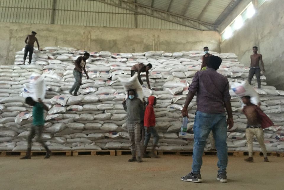 Catholic Relief Services in Ethiopia is moving commodities from its primary distribution points out to rural communities, where the food can be distributed to extremely vulnerable populations in case travel and transport restrictions arise. (Courtesy of C