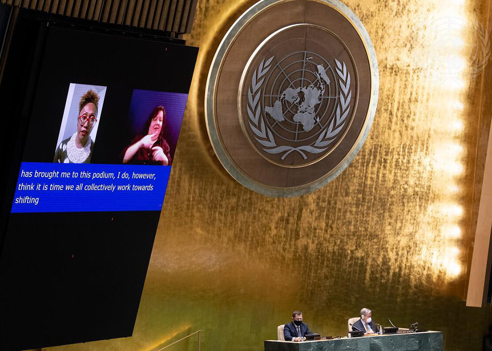 The March 15 opening session of the U.N.'s 65th Commission on the Status of Women was held at the U.N.'s General Assembly, though only a small number of people attended in person because of COVID-19 restrictions, with others joining online. (UN photo) The March 15 opening session of the U.N.'s 65th Commission on the Status of Women was held at the U.N.'s General Assembly, though only a small number of people attended in person because of COVID-19 restrictions, with others joining online. (UN photo)