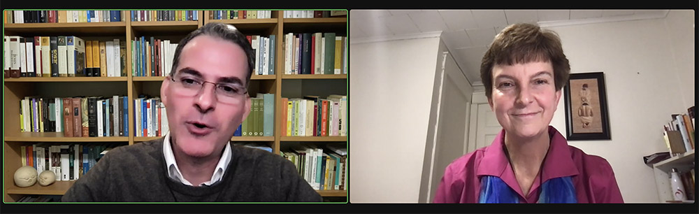 Boston College School of Theology and Ministry professor Rafael Luciani and Sacred Heart Sr. Maria Cimperman speak during a webinar on the synod on synodality Jan. 12, hosted by the Center for the Study of Consecrated Life. (GSR screenshot)