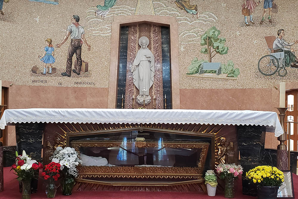 A shrine honors St. Frances Xavier Cabrini at the tip of Fort Tryon Park in Upper Manhattan in New York City. Her remains are on display in an altar placed in a light-filled chapel that daily attracts visitors from throughout the world. A handsome marble-