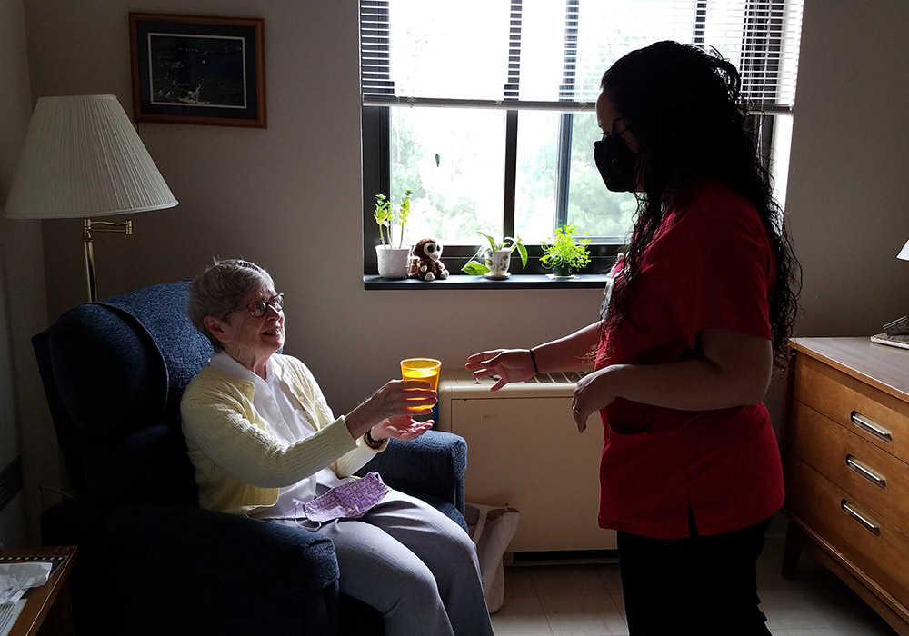 Caldwell University nursing student Stephanie Zaldivar with Dominican Sr. de Montfort Kinchellagh at the St. Catherine of Siena Convent in Caldwell, New Jersey. (Courtesy of Caldwell University)