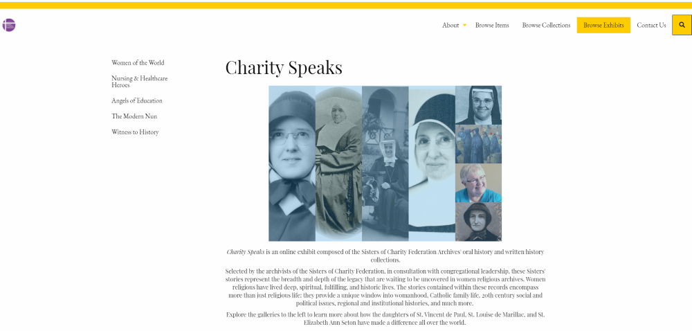 Charity Speaks, the new oral history exhibit in the Sisters of Charity Federation's digital archive (GSR screenshot)