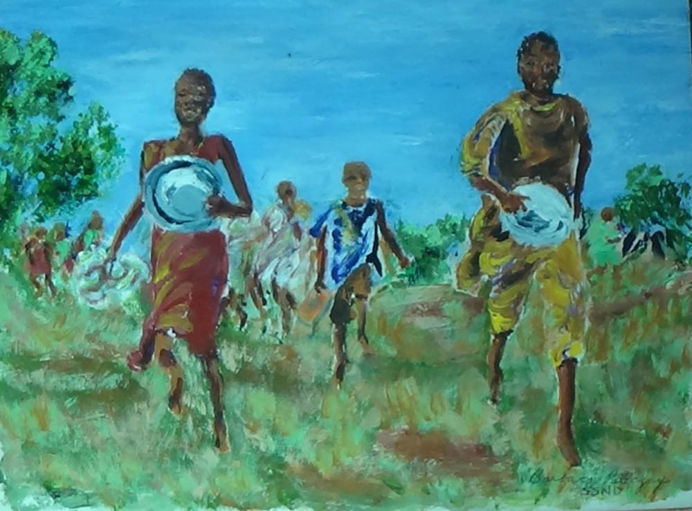 A painting by Sr. Barbara Paleczny, a Canadian School Sister of Notre Dame, depicts children in South Sudan running to receive food at a feeding program. (Courtesy of Barbara Paleczny)