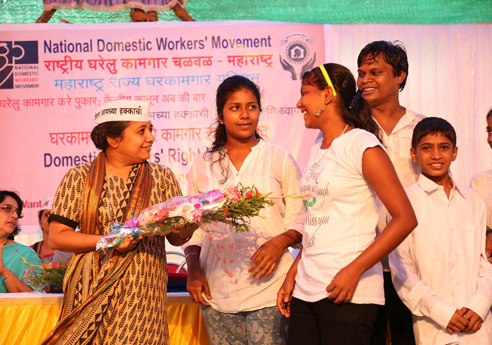 Sr. Christin Mary, left, a member of the Missionary Sisters of the Immaculate Heart of Mary and a coordinator of the National Domestic Workers' Movement, at a meeting in the western Indian city of Mumbai (Provided photo)