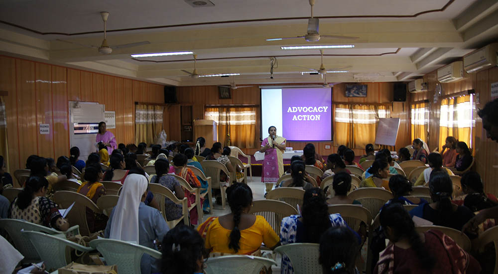 Sr. Christin Mary, a member of the Missionary Sisters of the Immaculate Heart of Mary and a coordinator of the National Domestic Workers' Movement, speaks to a class for a group of domestic workers and their supporters in November 2019 in the western Indi