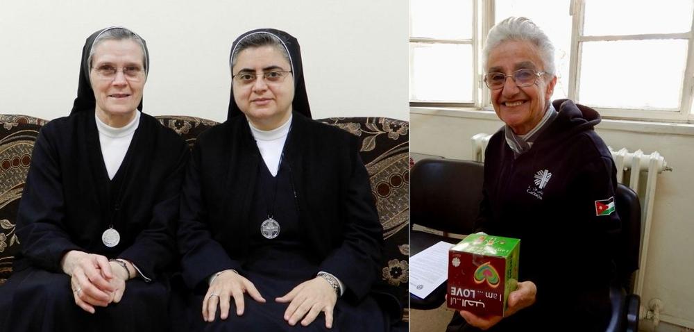 Left: Dorotea Srs. Carmela del Barco and Rania Khoury. Right: Sr. Hanne Saad, a Franciscan Missionary of Mary.