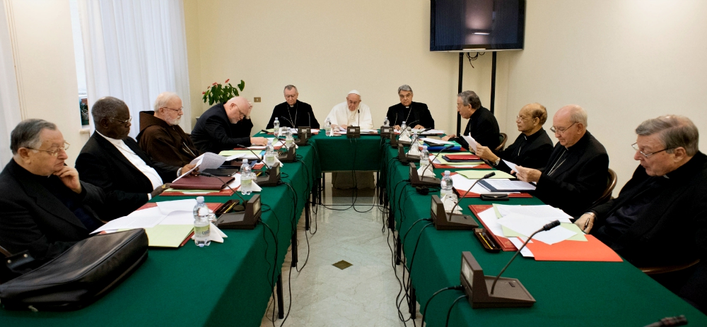 Pope Francis leads a meeting of the Council of Cardinals at the Vatican in February 2017. At right is Cardinal George Pell and Cardinal Francisco Javier Errázuriz Ossa is second from right. (CNS/L'Osservatore Romano, handout)