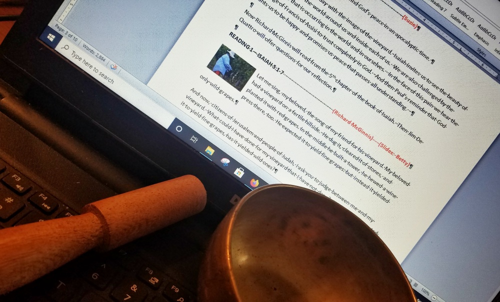 The script for speakers and those with musical roles at Solidarity with Sisters' Oct. 4 gathering, with the singing bowl the group uses to end silences (Betty D. Thompson) The script for speakers and those with musical roles at Solidarity with Sisters' Oct. 4 gathering, with the singing bowl the group uses to end silences (Betty D. Thompson)