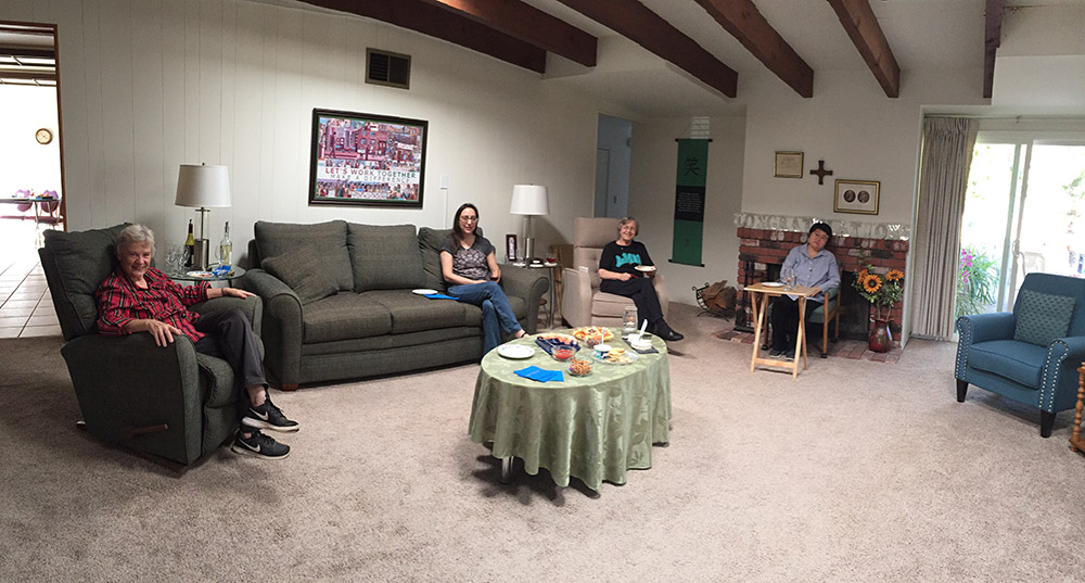 From left: St. Joseph Srs. Mary Beth Ingham, Sara Tarango, Joanna Carroll and Clara Dong relax in the community room of their Los Angeles home in August 2020.