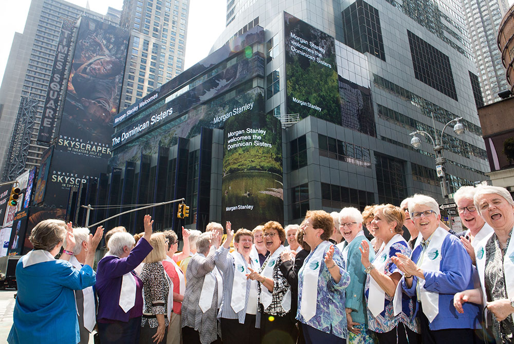 Leaders of 16 congregations of Dominican sisters visit Times Square and the Morgan Stanley headquarters in June 2018 to kick off the formation of their Climate Solutions Funds. (Courtesy of Morgan Stanley)
