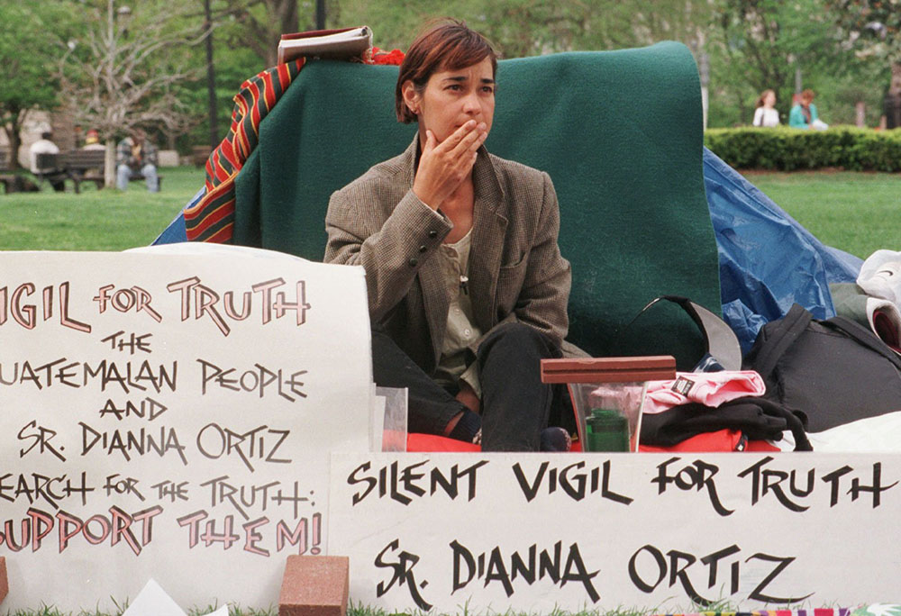 Ursuline Sr. Dianna Ortiz maintains her bread-and-water fast across from the White House in April 1996. She wanted U.S. officials to release information about her 1989 abduction and torture in Guatemala; eventually, some information was released. (CNS) Ursuline Sr. Dianna Ortiz maintains her bread-and-water fast across from the White House in April 1996. She wanted U.S. officials to release information about her 1989 abduction and torture in Guatemala; eventually, some information was released. (CNS)