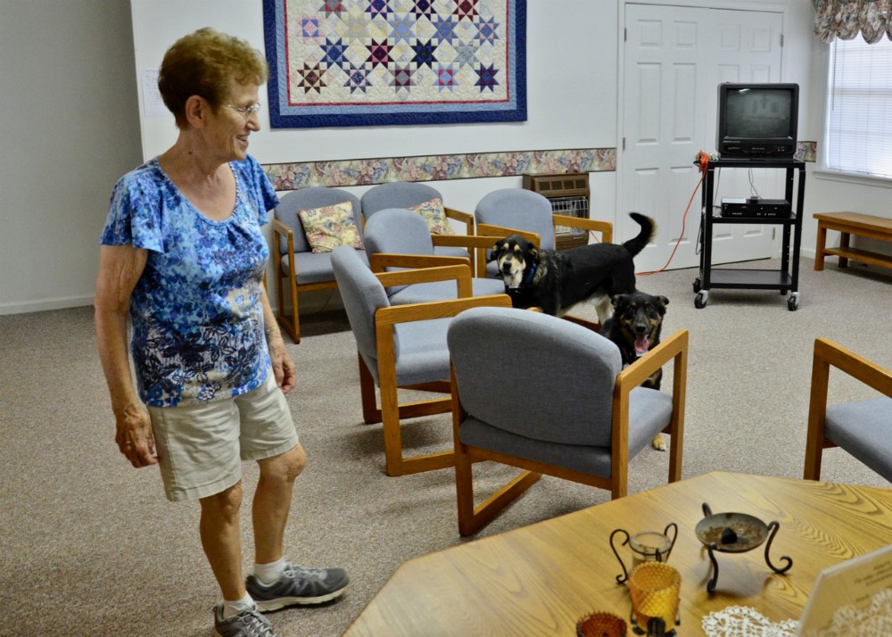 Sr. Clare Van Lent gives a tour of one of the Dwelling Place's retreat houses in Brooksville, Mississippi, while dogs Luke Skywalker and Yoda check things out. (GSR photo / Dan Stockman)