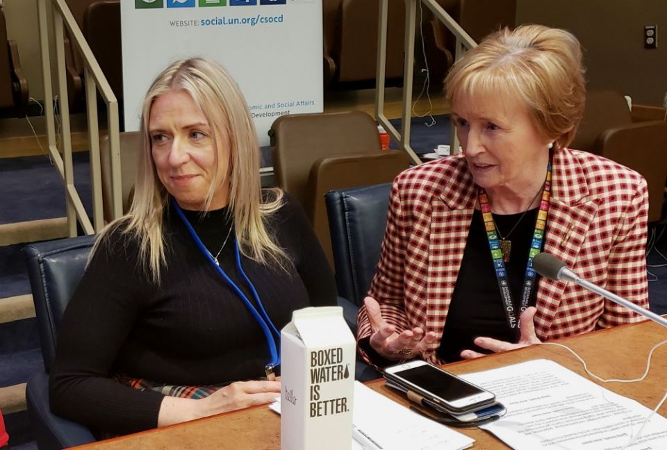 Irish Daughter of Wisdom Sr. Jean Quinn, executive director of UNANIMA, right, and Elizabeth Madden, who is Irish and last experienced homelessness 16 years ago, during United Nations meetings on homelessness and affordable housing (GSR photo/Chris Herlin