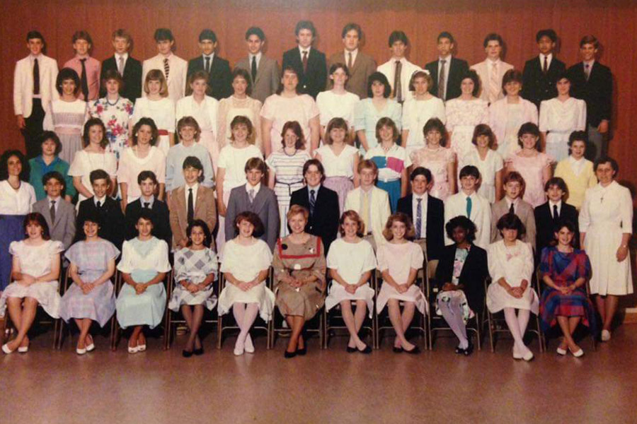 Susan Rose Francois, the second row from the top, sixth from the left, is pictured in the class of 1986's eighth grade photo at St Pius X Catholic Elementary, in Bowie, Maryland. (Provided photo)