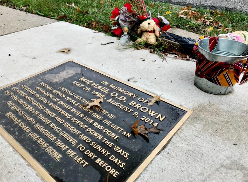 The memorial near the spot where Michael Brown was killed in Ferguson, Missouri, is seen in October 2017.