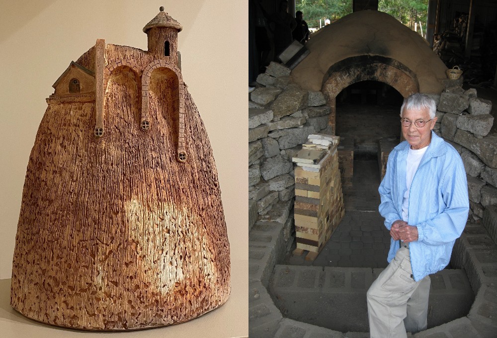Left: "Memory Village," a clay sculpture by Sr. Dennis Frandrup representing generations of Benedictine life. Right: Frandrup poses with the Sister Dennis Kiln at the College of St. Benedict in St. Joseph, Minnesota.