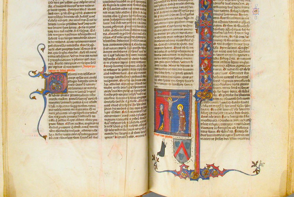 Detail of Bible made in Paris, France, around 1250 to 1275, of tempera and gold on parchment, bound in leather (Metropolitan Museum of Art) Detail of Bible made in Paris, France, around 1250 to 1275, of tempera and gold on parchment, bound in leather (Metropolitan Museum of Art)