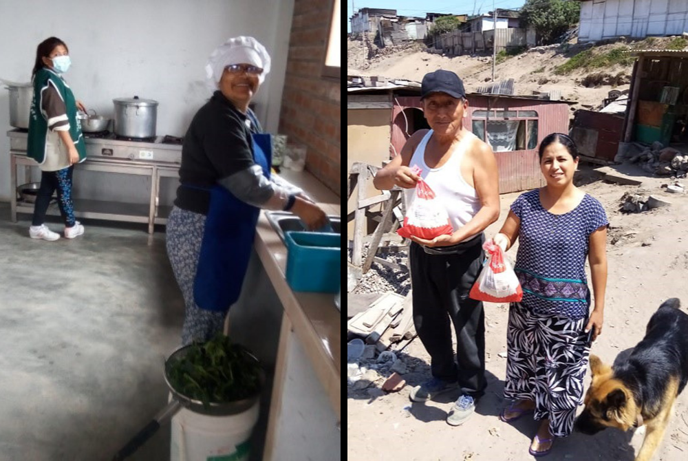 Preparing meals for people in an outlying area of Lima, Peru At left, women prepare meals for people in need in the convent kitchen of the Franciscans Missionaries of Mary; at right, a family receives food items during a lockdown for COVID-19. (Marian Champika Hanzege)