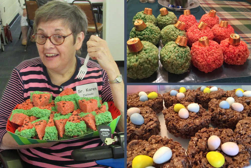 Sr. Karen Zielinski is pictured with her Rice Krispies Treats. Over the last ten years, she has evolved her treats with a variety of designs and concoctions, such as watermelon slices, Christmas ornaments and bird's nests. (Courtesy of Karen Zielinski) Sr. Karen Zielinski is pictured with her Rice Krispies Treats. Over the last ten years, she has evolved her treats with a variety of designs and concoctions, such as watermelon slices, Christmas ornaments and bird's nests. (Courtesy of Karen Zielinski)