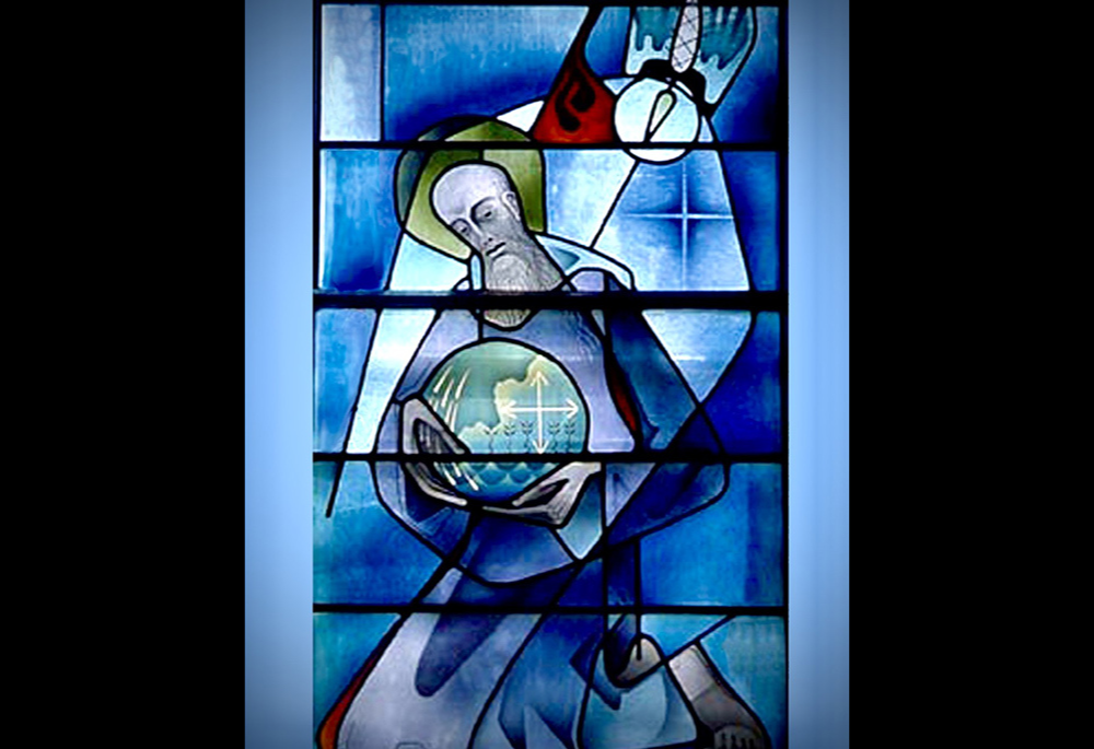 Photos of stained-glass windows in the choir chapel of Mount St. Scholastica Monastery, where the in-person portion of the colloquium was held. (Courtesy of Mount St. Scholastica Monastery, Atchison, Kansas)