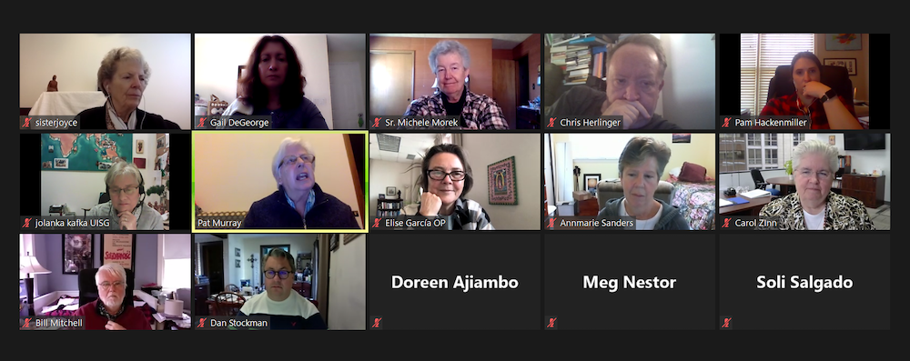 Members of the Global Sisters Report staff meet via Zoom with the leaders of the International Union of Superiors General and the Leadership Conference of Women Religious on Dec. 9. (GSR screenshot)