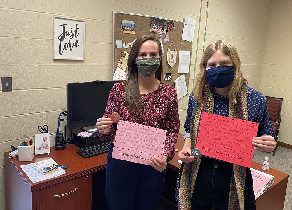 My supervisor and former Good Shepherd Volunteer Sarah Dodgson, left, and I created Valentine's Day buttons and cards for staff members and students. (Courtesy of Christina Hardebeck)