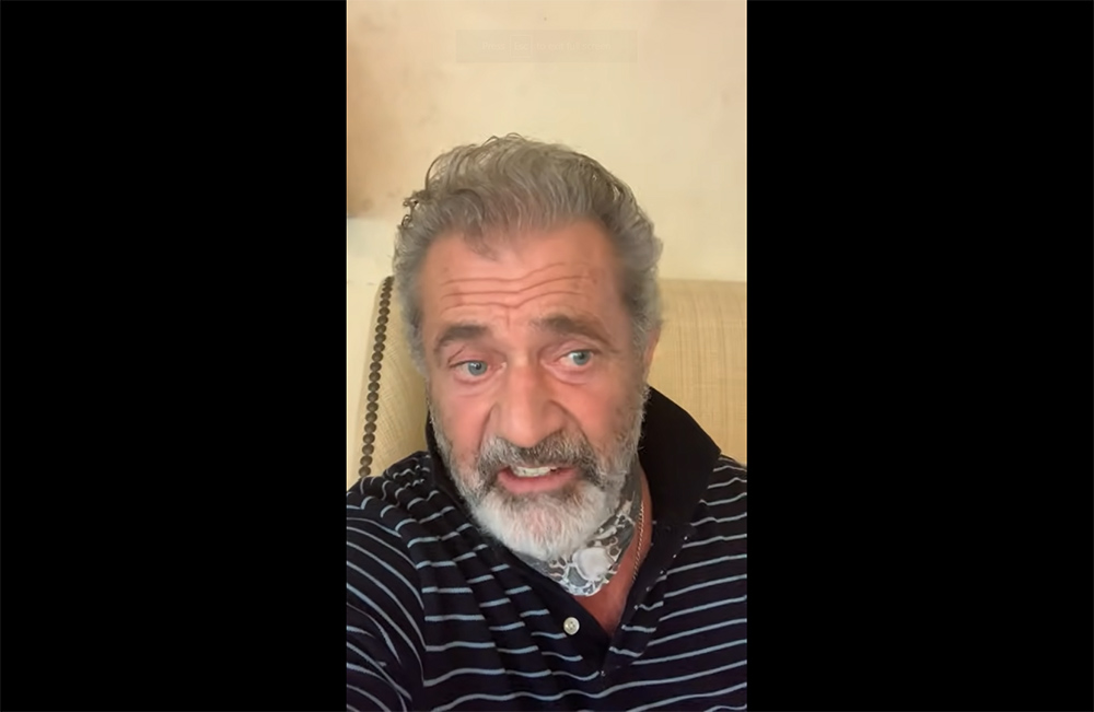Mel Gibson speaks from Malibu, California, in a video presented at the Sept. 10 rally in Chicago hosted by the Coalition for Canceled Priests. (NCR screenshot)