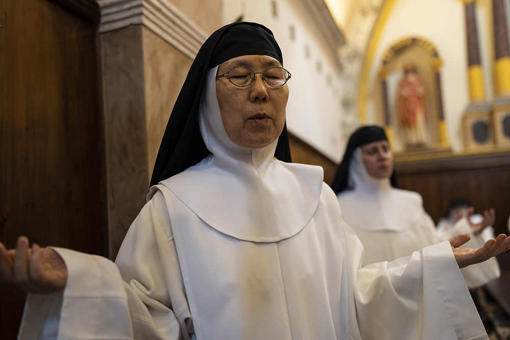 Sister María de Jesús and other nuns pray during Mass at the Catholic Monastery of St. Catherine on the Greek island of Santorini June 14. (AP/Petros Giannakouris)