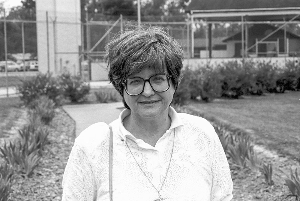 Helen Prejean in Angola, 1999 Sr. Helen Prejean outside of Angola State Penitentiary in Louisiana in 1999 (Courtesy of Ministry Against the Death Penalty/Joup Bouma)