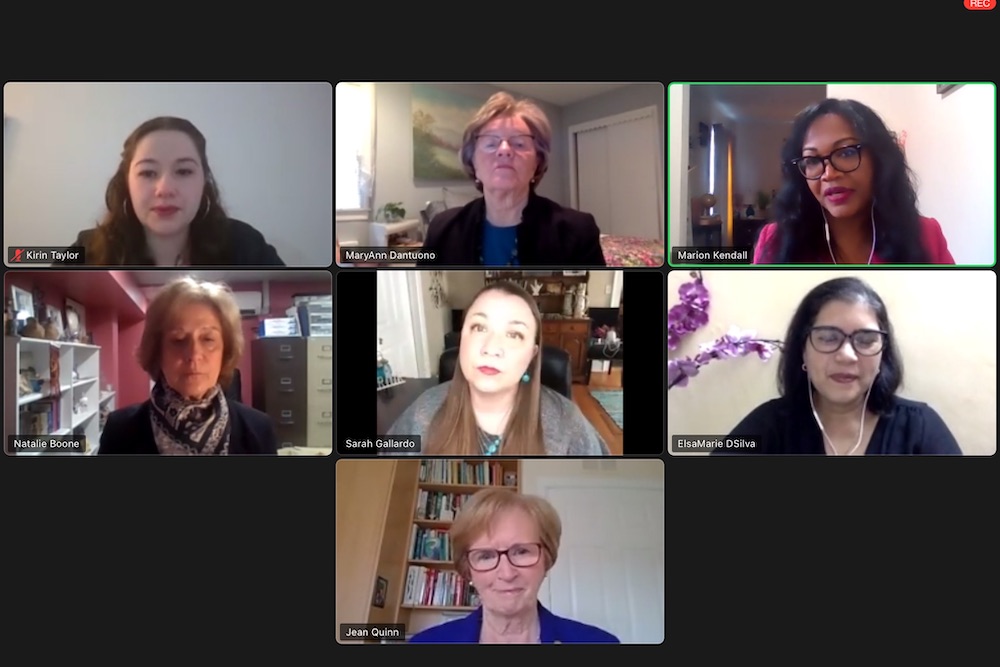 Screenshot of online meeting, showing seven women participants