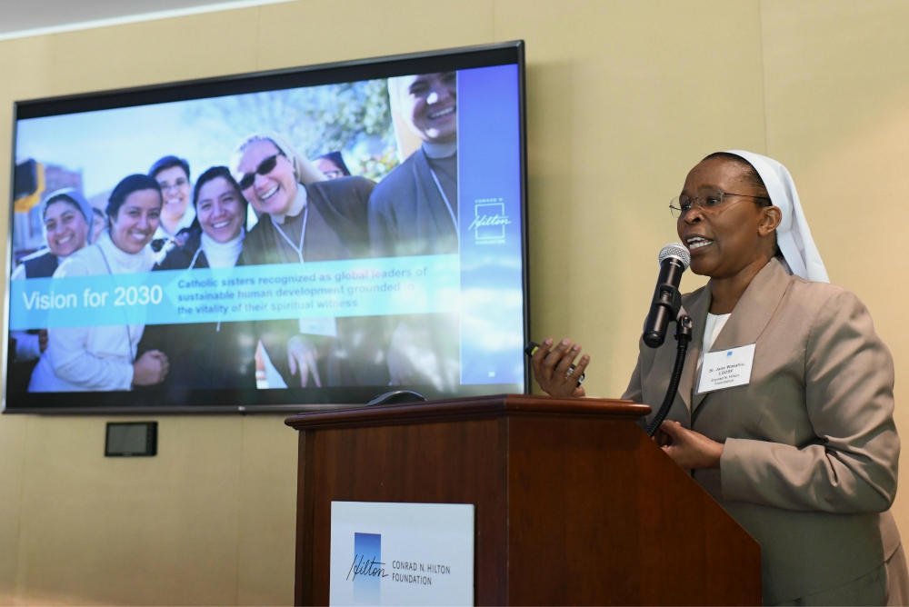 Sr. Jane Wakahiu addresses participants at the Sept. 18-20 convening at the foundation's headquarters in Westlake Village, near Los Angeles. (Courtesy of the Conrad N. Hilton Foundation)