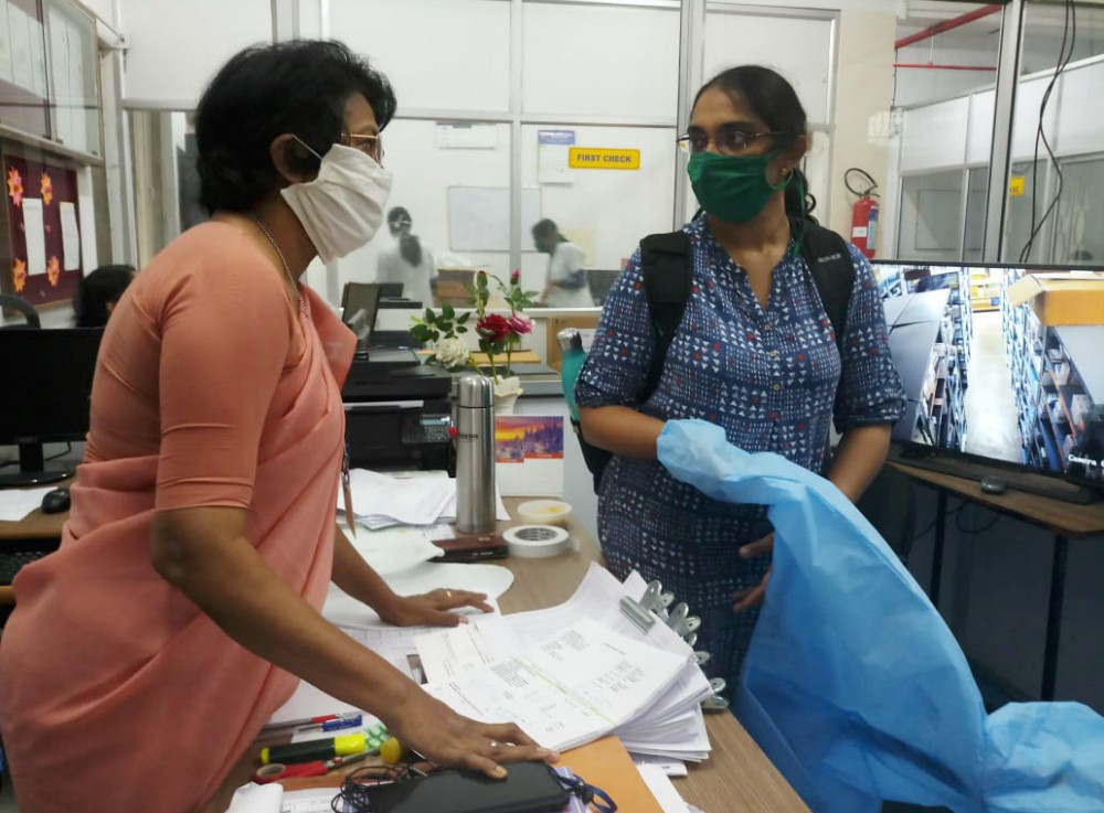 Sr. Jessie Saldanha, left, of the Sisters of Charity of Nazareth meets with an employee at St. John's National Academy of Health Sciences in Bangalore, India. She is head of the institution's pharmacy department. Sr. Jessie Saldanha, left, of the Sisters of Charity of Nazareth meets with an employee at St. John's National Academy of Health Sciences in Bangalore, India. She is head of the institution's pharmacy department.