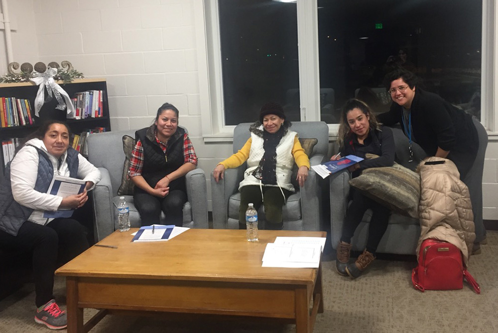 Holy Cross Sr. Verónica Fajardo, far right, leads a support group in 2019 in Salt Lake City in collaboration with Holy Cross Ministries and Peace House, a local domestic violence shelter. Now, Fajardo runs support groups via Zoom. (Courtesy of Verónica Fa Holy Cross Sr. Verónica Fajardo, far right, leads a support group in 2019 in Salt Lake City in collaboration with Holy Cross Ministries and Peace House, a local domestic violence shelter. Now, Fajardo runs support groups via Zoom. (Courtesy of Verónica Fa