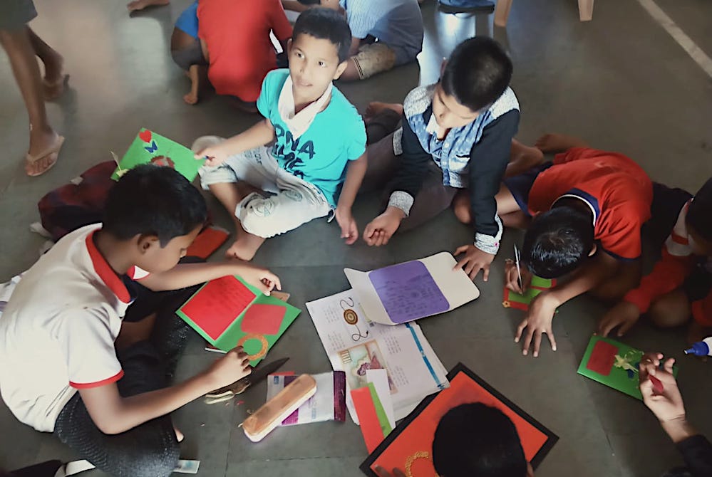 Orphan children at Jeevodaya make artwork during lockdown in Itarsi, a town in the central Indian state of Madhya Pradesh. Sr. Clara Animottil, a member of the Sisters of St. Joseph of Chambery, directs the orphanage. (Provided photo)