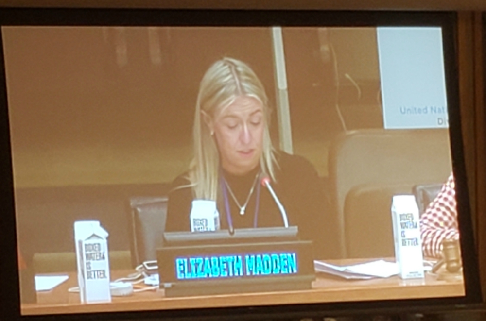 Elizabeth Madden speaks of her experiences with homelessness during United Nations meetings on homelessness and affordable housing in February. (GSR photo / Chris Herlinger)