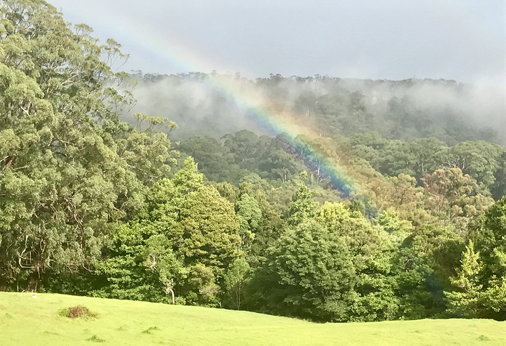 Vista panorámica del campo adyacente a la Abadía de Jamberoo y en el cielo, al fondo, un arcoiris.