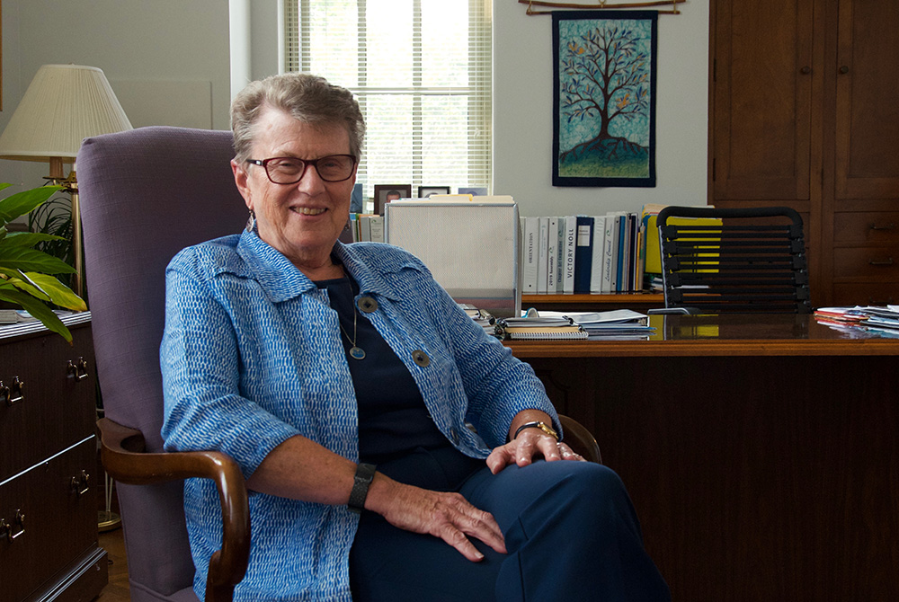 Sr. Jane Herb in her office July 19 at the Sisters, Servants of the Immaculate Heart of Mary motherhouse in Monroe, Michigan. On Aug. 13, Herb will become president of the Leadership Conference of Women Religious. (GSR photo/Dan Stockman)