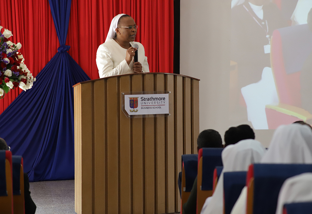 Sr. Jane Wakahiu speaks to attendees at the April 27 launch of the new phase of the Sisters' Blended Value Project at the Strathmore University Business School in Nairobi, Kenya. (Wycliff Oundo)