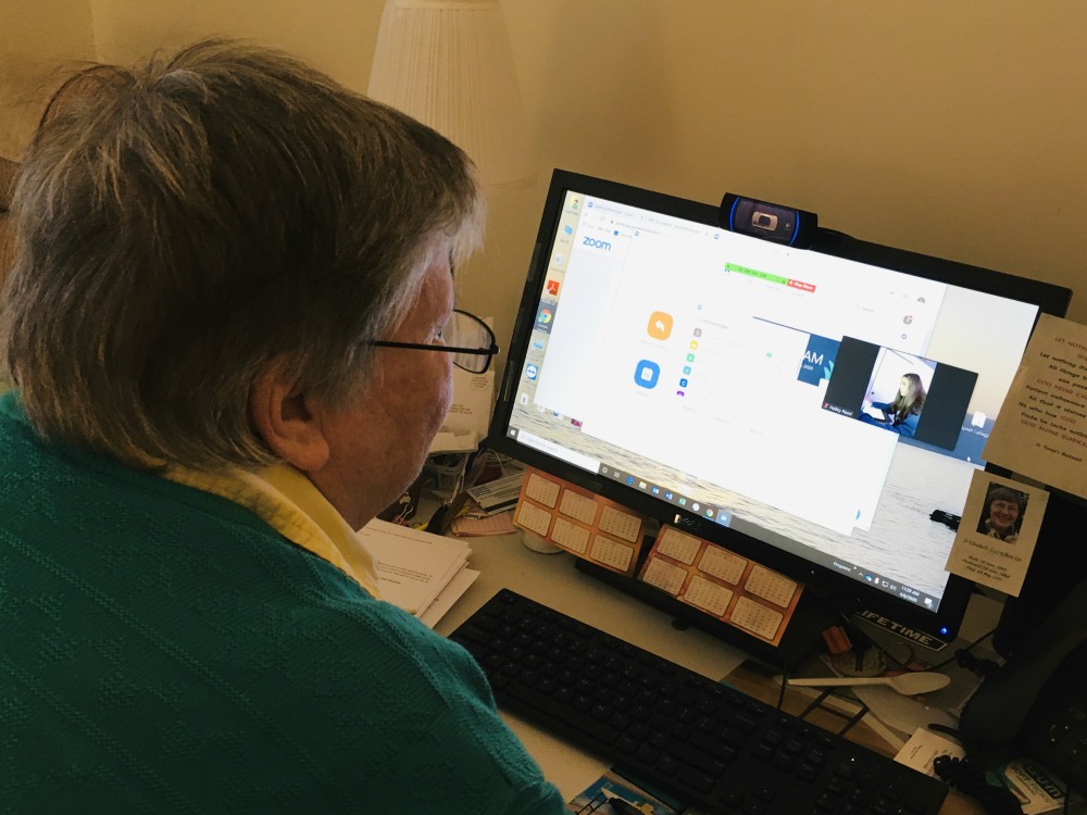 Mercy Sr. Jean Evans at her computer, "distance teaching" (Provided photo)