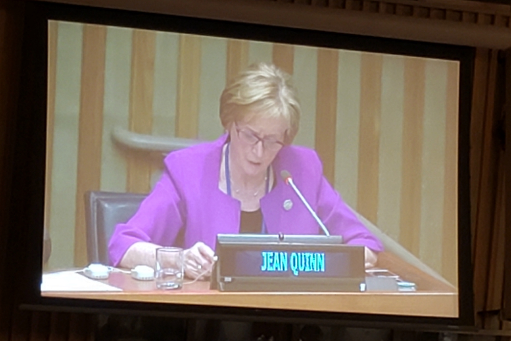 Daughter of Wisdom Sr. Jean Quinn speaks Feb. 10, 2020, at an opening session of the United Nations' Commission on Social Development meeting on homelessness. (GSR photo / Chris Herlinger)