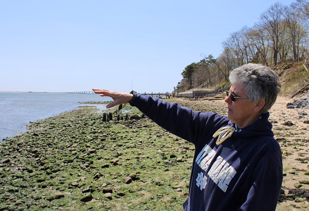 Sr. Kerry Handal is pictured on the beach overlooking Shinnecock Bay on eastern Long Island, where the Sisters of St. Joseph, Brentwood, own property and are supporting members of the Shinnecock Indian Nation in a kelp farming project. (GSR) Sr. Kerry Handal is pictured on the beach overlooking Shinnecock Bay on eastern Long Island, where the Sisters of St. Joseph, Brentwood, own property and are supporting members of the Shinnecock Indian Nation in a kelp farming project. (GSR)
