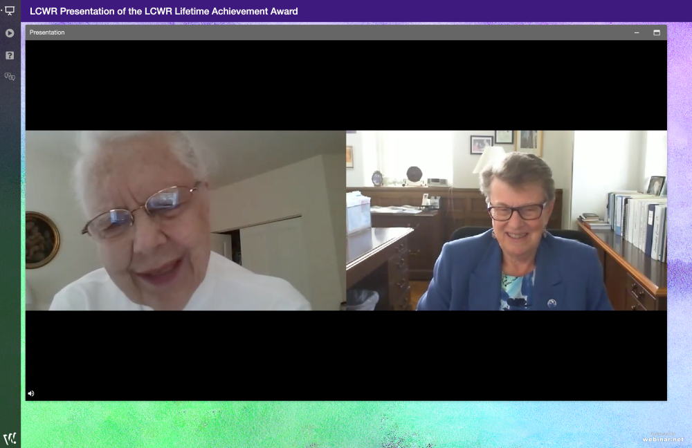 Immaculate Heart of Mary Sr. Amata Miller, left, accepts a Lifetime Achievement Award from Sr. Jane Herb, then president-elect of the Leadership Conference of Women Religious, on Aug. 13, the last day of the 2021 LCWR assembly. (GSR screenshot)