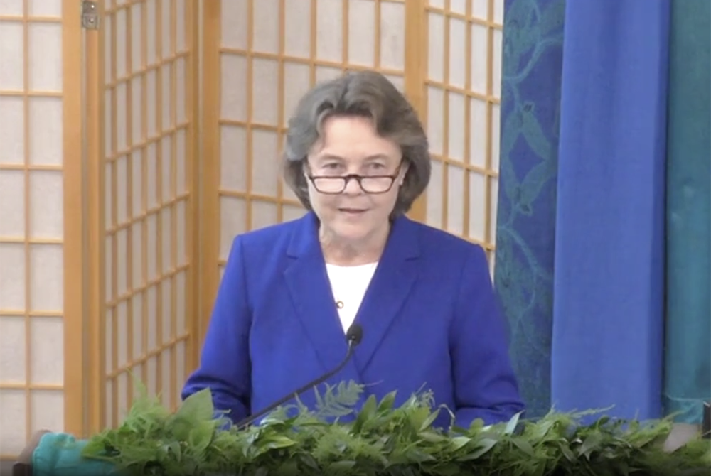 Sr. Elise García, an Adrian Dominican and president of the Leadership Conference of Women Religious, gives the presidential address Aug. 11, during the group's annual assembly. (GSR screenshot)