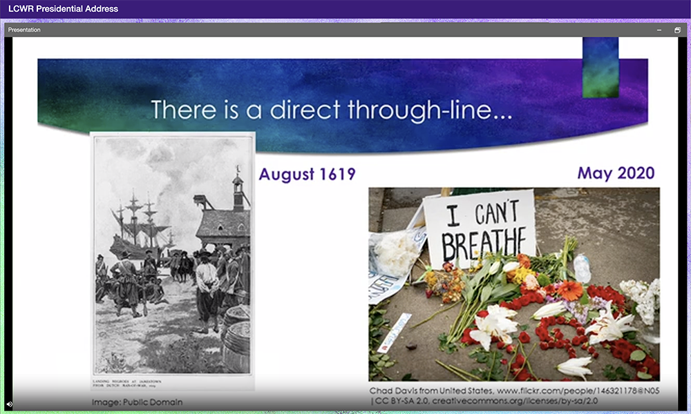 A screenshot of one of the slides used by Sr. Elise García, an Adrian Dominican and president of the Leadership Conference of Women Religious, during her Aug. 11 presidential address to the 2021 LCWR annual assembly. (GSR screenshot)