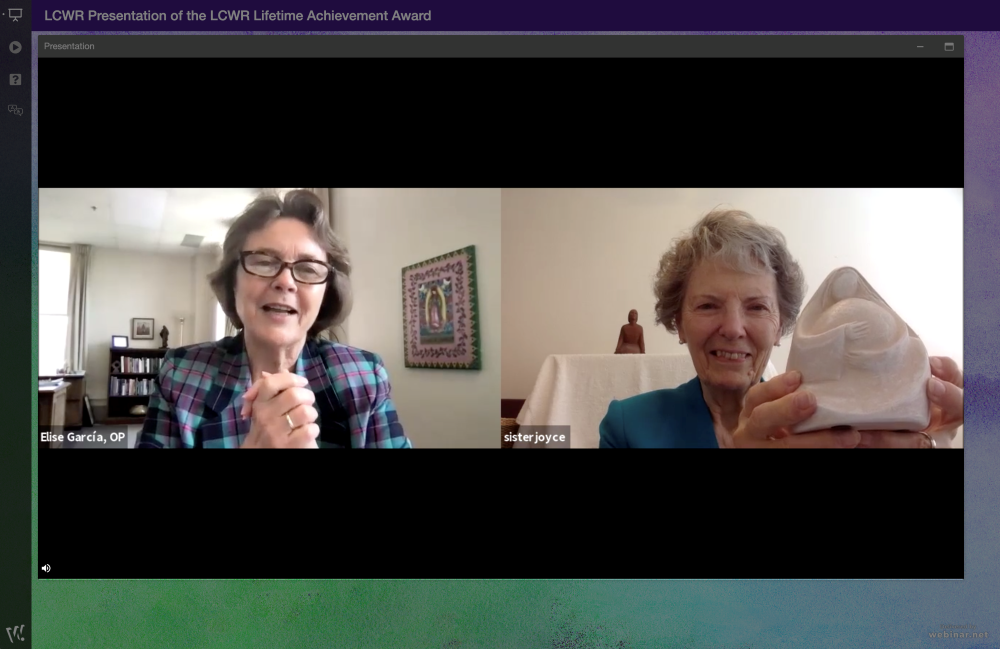 Presentation Sr. Joyce Meyer, right, accepts a Lifetime Achievement Award from Sr. Elise García, then president of the Leadership Conference of Women Religious, on Aug. 13, the last day of the 2021 LCWR assembly. (GSR screenshot)