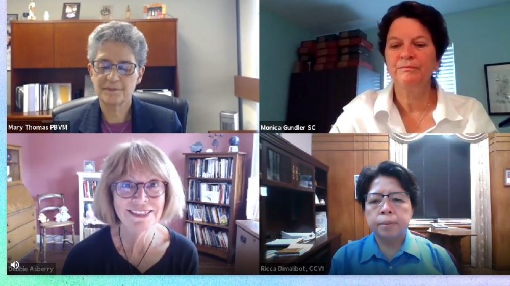 Clockwise from top left: Presentation Sr. Mary Thomas, Charity Sr. Monica Gundler, Sr. Ricca Dimalibot of the Sisters of Charity of the Incarnate Word, and facilitator Debbie Asberry take part in an online conversation. (GSR screenshot)